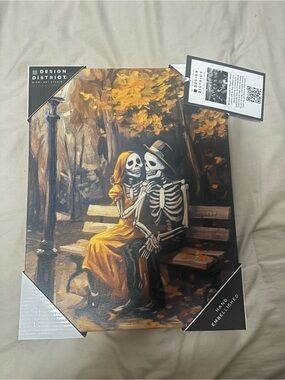 District Skeleton Couple Bench Art in Mustard Yellow and Black